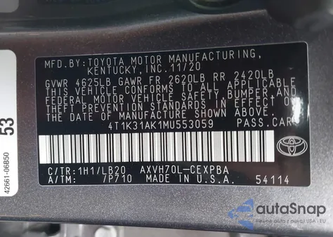 2021 Toyota Camry Xse Hybrid z USA, uszkodzony, nr VIN 4T1K31AK1MU553059